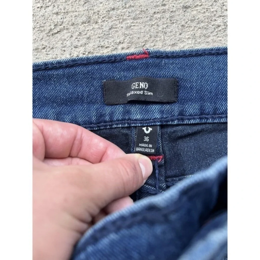 True Religion Geno Big T Flap Relaxed Slim Jeans Mens 36x30 Dark Wash Blue Denim